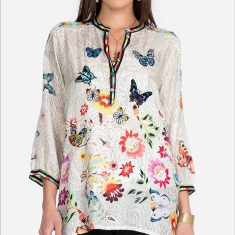Johnny Was White Floral and Butterfly Blouse
